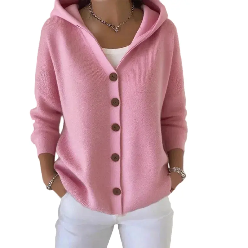 Women's Minimalist Button-Front Hooded Cotton Knit Cardigan - Relaxed-Fit Long-Sleeve Sweater with Soft Fabric for a Cozy Vibe
