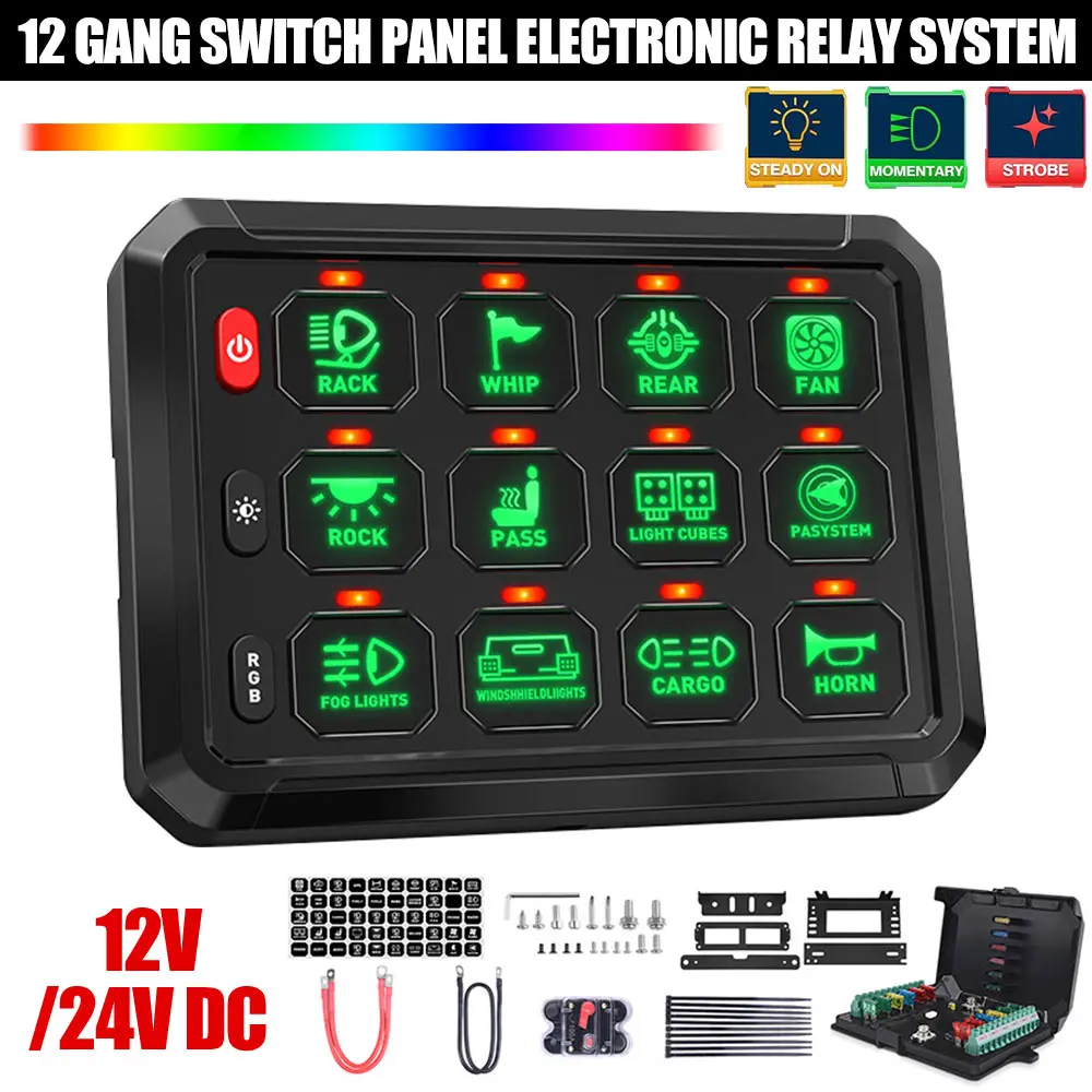 VASTFIRE 12 Gang Aluminum Switch Panel Full Kit, 80A Input 12V/24V RGB Relay System with Built-in Protections for LED Control of Car, Boat Off-Road RGB Lights (No Battery Included)