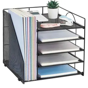 1PC 5-Tier Mesh Desk File Organizer with Side Vertical File Holder, Metal Desktop Document Sorter for Office, Home, School