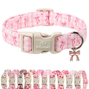 Babole Pet Girl Dog Collar for Small Dogs - Cute Pink Plaid & Bow Print Spring/Summer Puppy Collar, Soft Adjustable Holiday Female Dog Collars with Quick