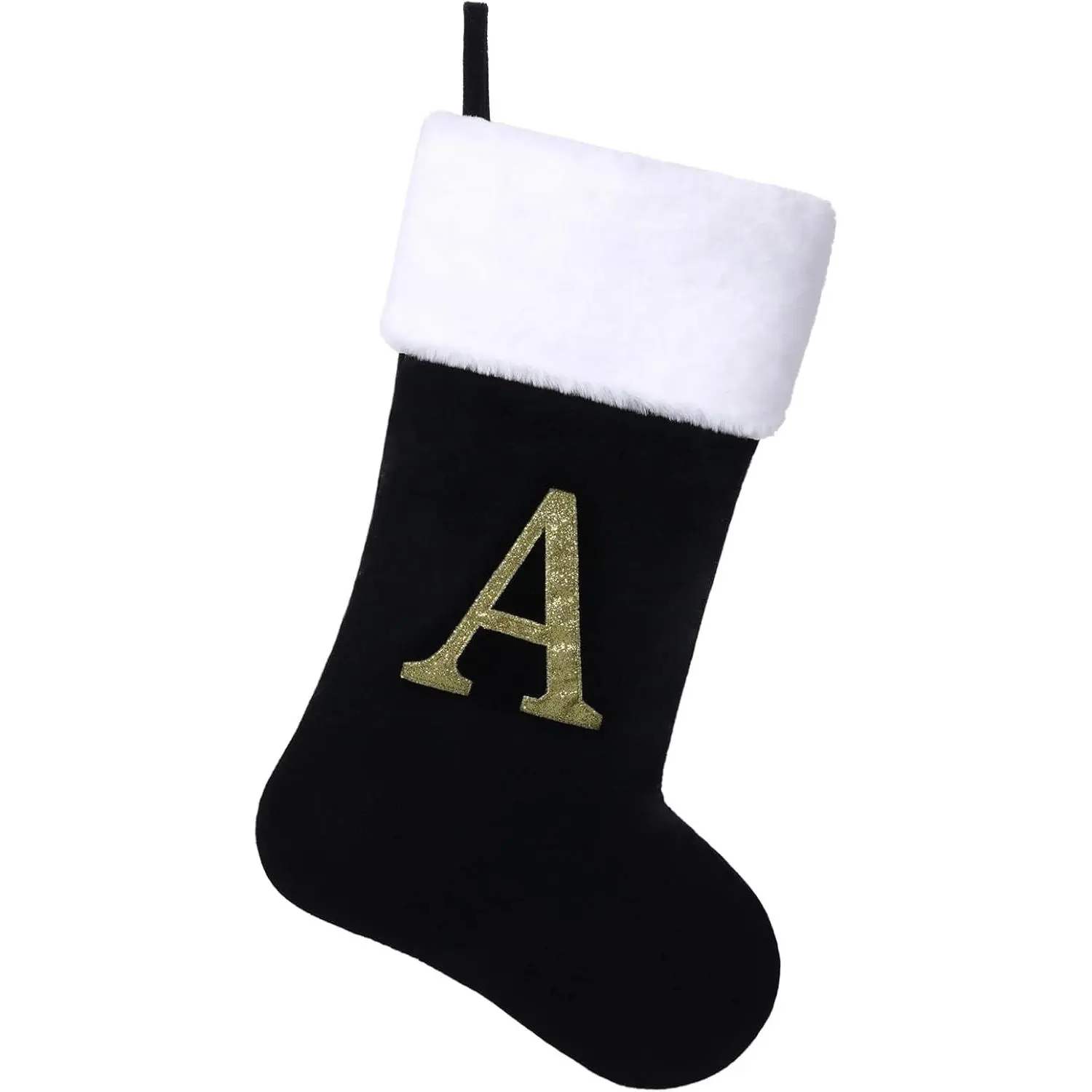 20 Inches Initial Monogram Christmas Stocking Personalized,Deluxe Black Velvet Body with Super Soft Plush Cuff Embroidered Letter,Holiday Season Decor（A）