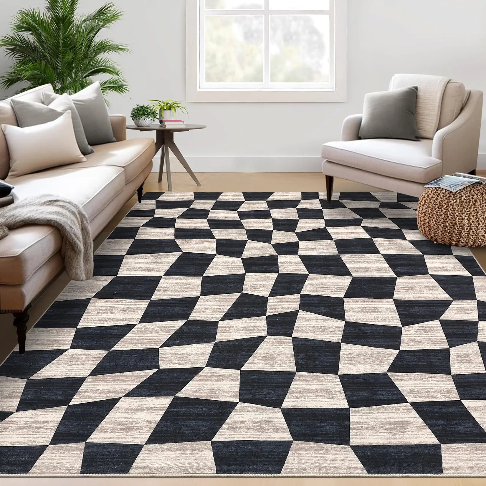 【GARVEE】Washable Checkered Rugs: Non-Slip, Stain Resistant, Soft Area Rugs for Living Room, Bedroom, Dining Room, or Nursery. Available in Sizes 5x7, 8x10, and 9x12, Colors: Brown, Black, Grey.