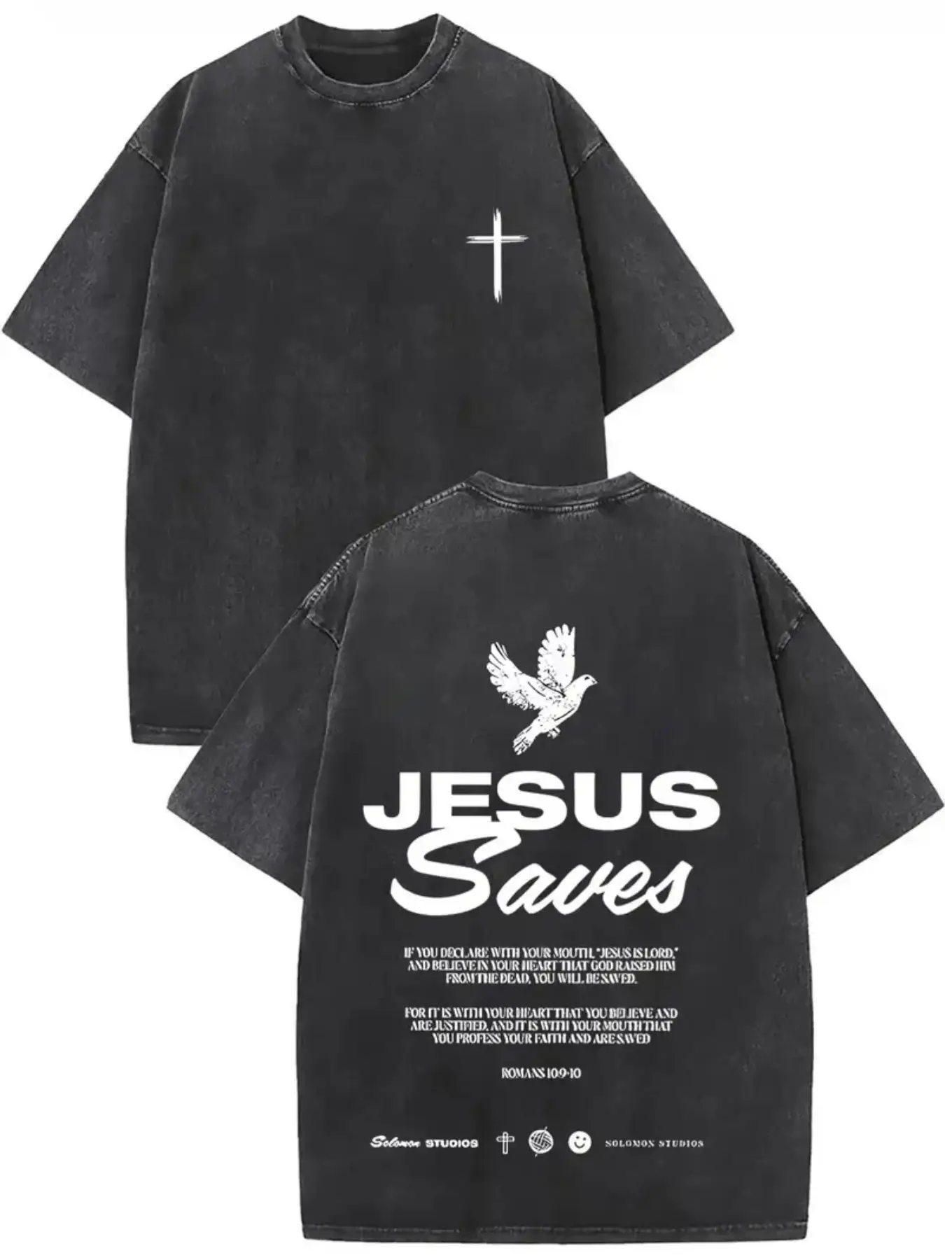 Jesus saves - double-sided, worn-out vintage washed cotton printed T-shirt, round neck short sleeves. Fashionably loose and comfortable, suitable for