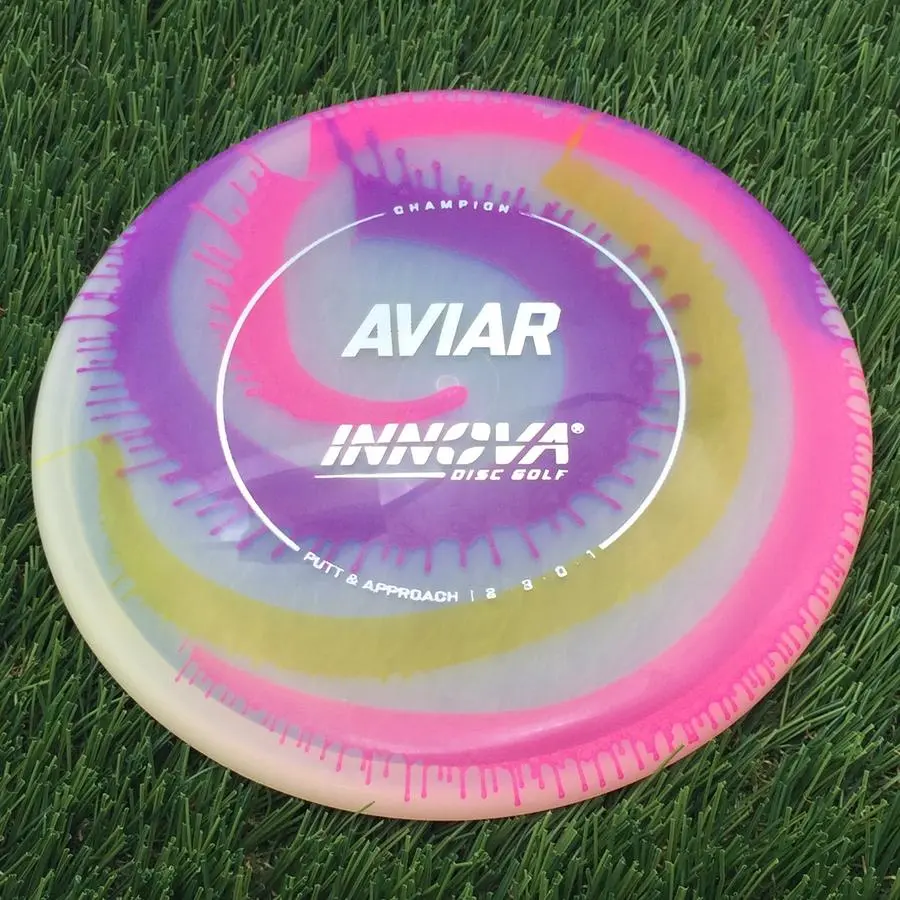 Innova Champion I-Dye Aviar Putter with Circle Stock Stamp - 168.5g - Purple Pink Yellow Spiral Dyed