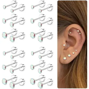 CASSIECA Unisex 12-Pair 20G Stainless Steel CZ Stud Earrings Set, Round Cubic Zirconia Screw Flat Back Piercings for Cartilage Helix, Stainless Steel Jewelry