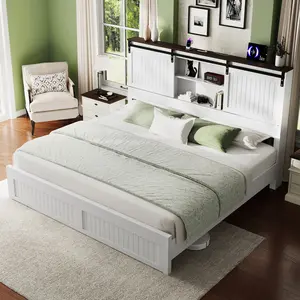 [SummerWins]Belffin King Bed Frame with Headboard, 2 Storage Drawers& Charging Ports, No Box Spring Needed, Noise-Free, White Wooden Bed – Perfect for Summer Bedroom Refresh