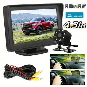 8-LED HD backup camera kit with a 4.3-inch display | Backup camera rearview mirror HD parking system with night vision, wide-angle lens, USB charging, video resolution, no battery — ideal for cars, pickups, and SUVs