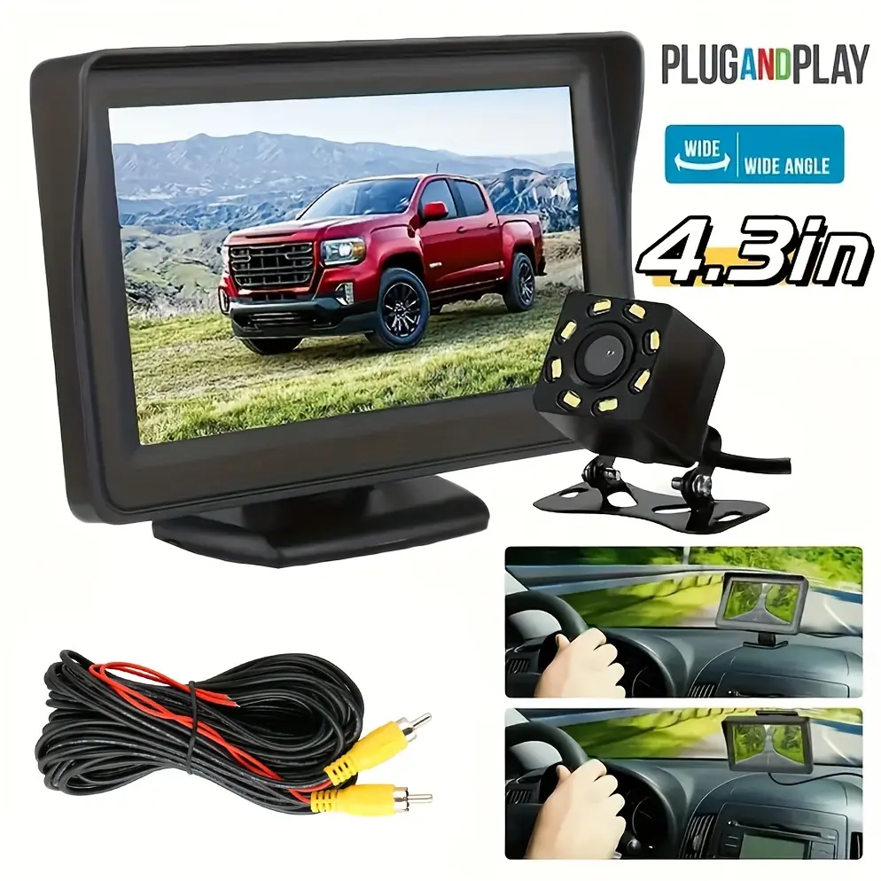 8-LED HD backup camera kit with a 4.3-inch display | Backup camera rearview mirror HD parking system with night vision, wide-angle lens, USB charging, video resolution, no battery — ideal for cars, pickups, and SUVs