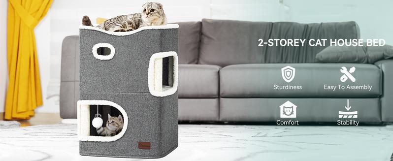 YITAHOME 2 Storey Cat House, Cat Beds for Indoor Cats, Small Condo with Scratch Post and Hideaway Cave, Modern Cat Cube Playhouse for Kittens, Grey