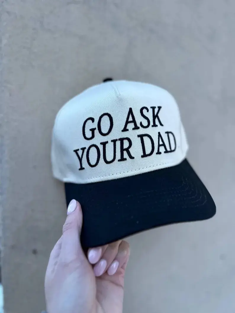 Go Ask Your Dad Embroidered Trucker Hat | Funny Mom Life Hat | Adjustable Snapback Cap, Unisex, Hand Wash Only
