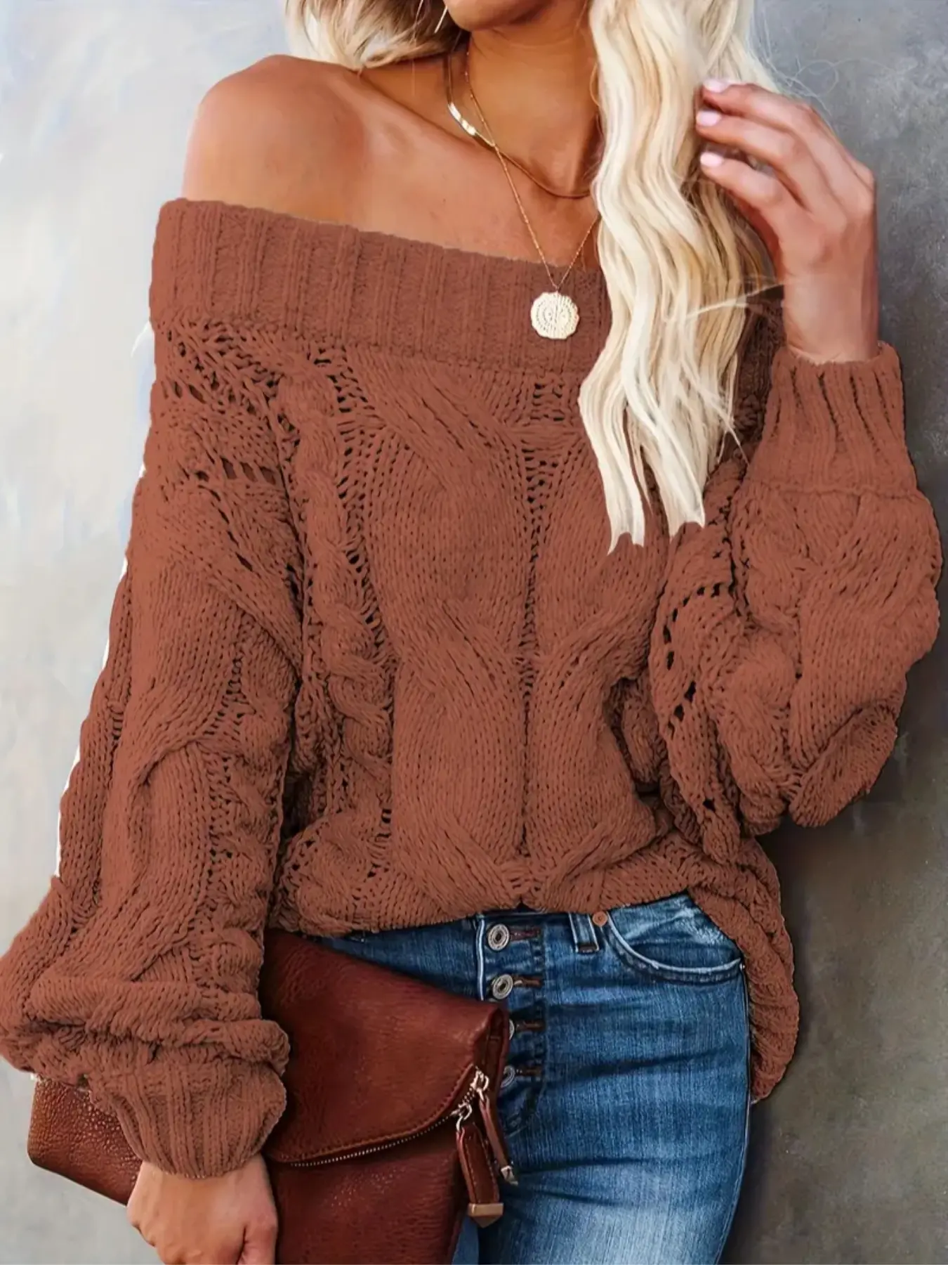 Elegant Women's Off-Shoulder Drop Shoulder Sweater, Knitwear, Soft Solid Color Casual Fashion Top, Hand Wash/dry Clean, Warm & Comfortable