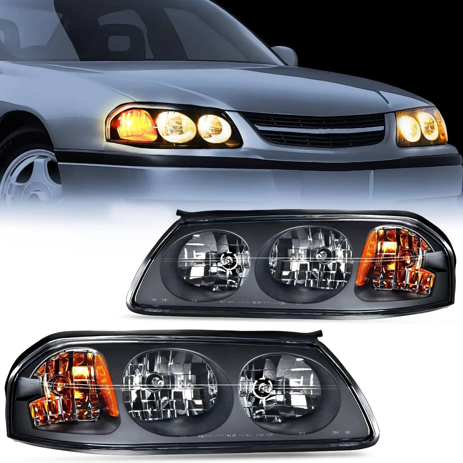 Nilight Bright High Lumen Car Headlight Assembly, Black Housing with Amber Reflector, Compatible with 2000-2005 Chevy Impala Replacement Headlamp, Bright Headlight, High Lumen Headlight
