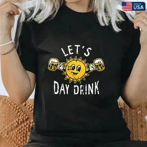 Mens Lets Day Drink T Shirt Funny Drunken Sunny Booze Drinking Tee for Guys Mens Funny T Shirts Cool Vintage Fashion T-Shirt Gift Classic Menswear Funny Drinking Short Sleeve Novelty Tees for，100% Cotton Unisex T-Shirt S-5XL