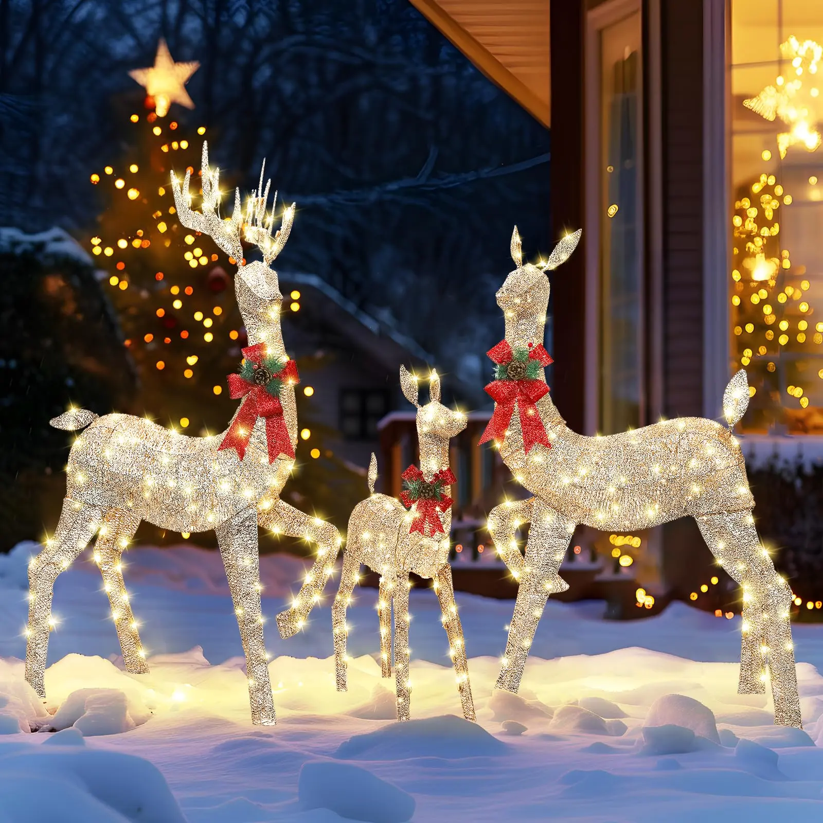 SHareconn Large Pre-Lit Christmas 3 Peace Deers Family Set for Outdoor Yard Decorations 60'' Lighted