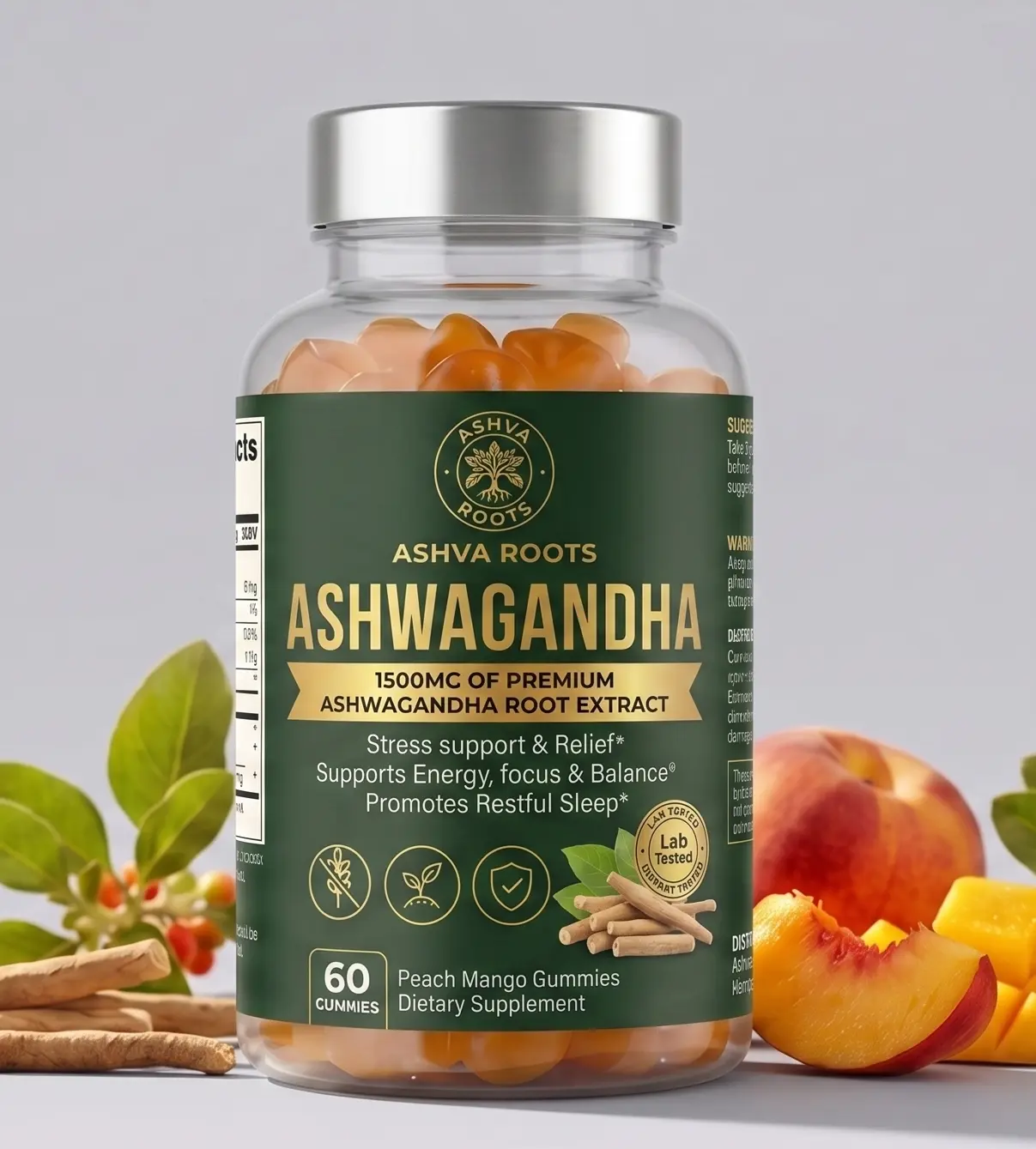 Ashva Roots Ashwagandha Gummies 1500mg – Peach Mango, 60 Count, Stress Support & Calm* Healthcare Fitness Dietary Edible Supplement