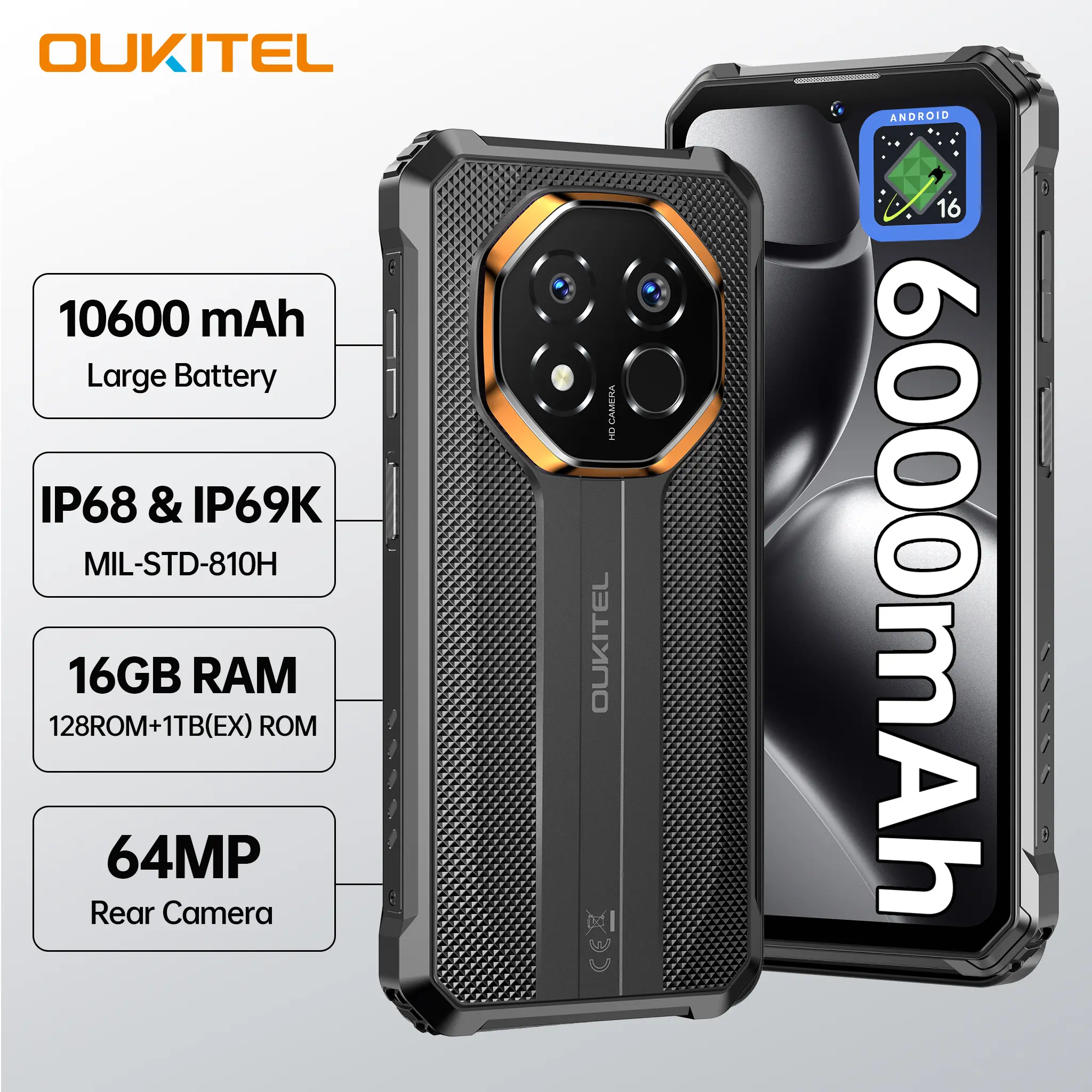 OUKITEL G7 Rugged Smartphone, 10600mAh Battery, 64MP + 8MP Cameras, Up to 16GB RAM + 128GB ROM, Android 16, 6.52" 90Hz Display, IP68/IP69K, NFC, Reverse Charging