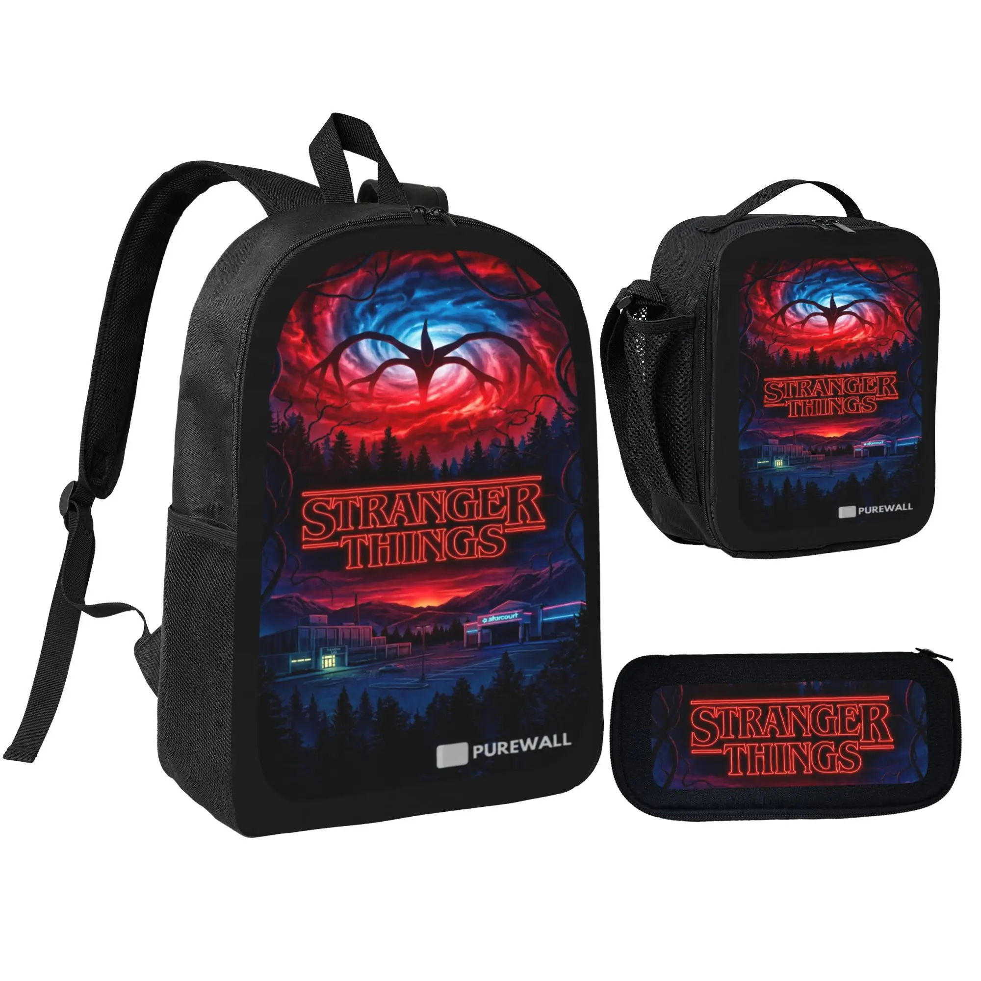 School Bag 3pcs Stranger Things School Backpack + Pencil Pouch + Lunch Box - Durable Polyester, Great for School, Travel, Outdoor Activities
