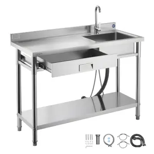 VEVOR Stainless Steel Utility Sink, Rolling Single Bowl Commercial Kitchen Sink with Drawer, Faucet and Hot & Cold Water Pipe, Utility Basin for Garage, Restaurant, Laundry, 47.2 x 19.7 x 37 in