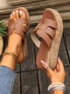 Women's Fashionable Cork Design Platform PU Leather Sandals, Casual Comfortable Wedge Sandals for Summer, Boho Style Beach Sandals for Women & Girls, Footwear
