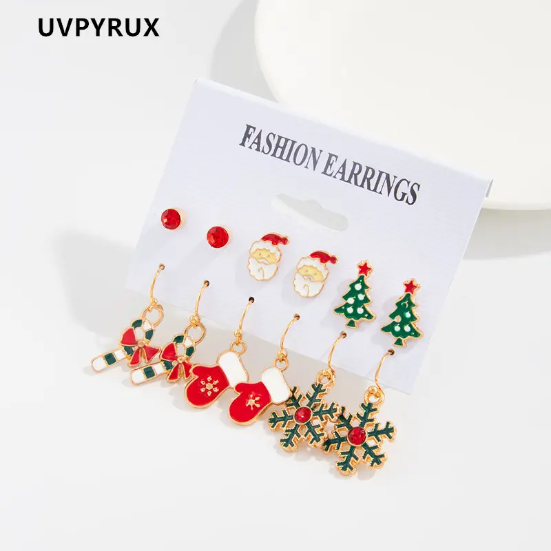 Women's 6-Pair/Set Christmas Costume Earrings - Casual Festive Drop Style with Metal Coated, Vibrant Enamel Candy Cane, Snowflake, Christmas Tree Designs for Xmas Party, Candy Canes, Drop Earrings, 6 Pair/Set Christmas Earrings, Xmas Parties