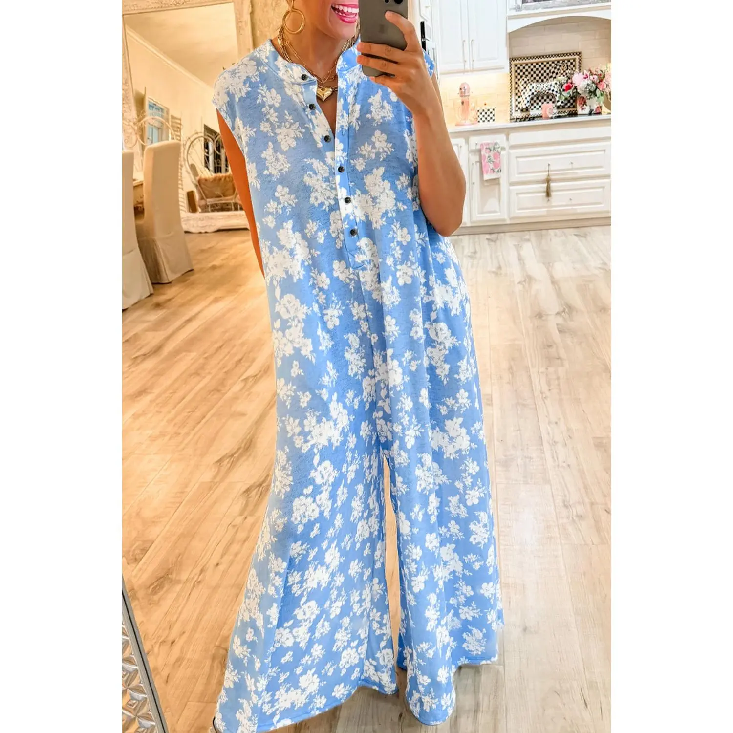 Myosotis Floral Print Sleeveless Wide Leg Jumpsuit