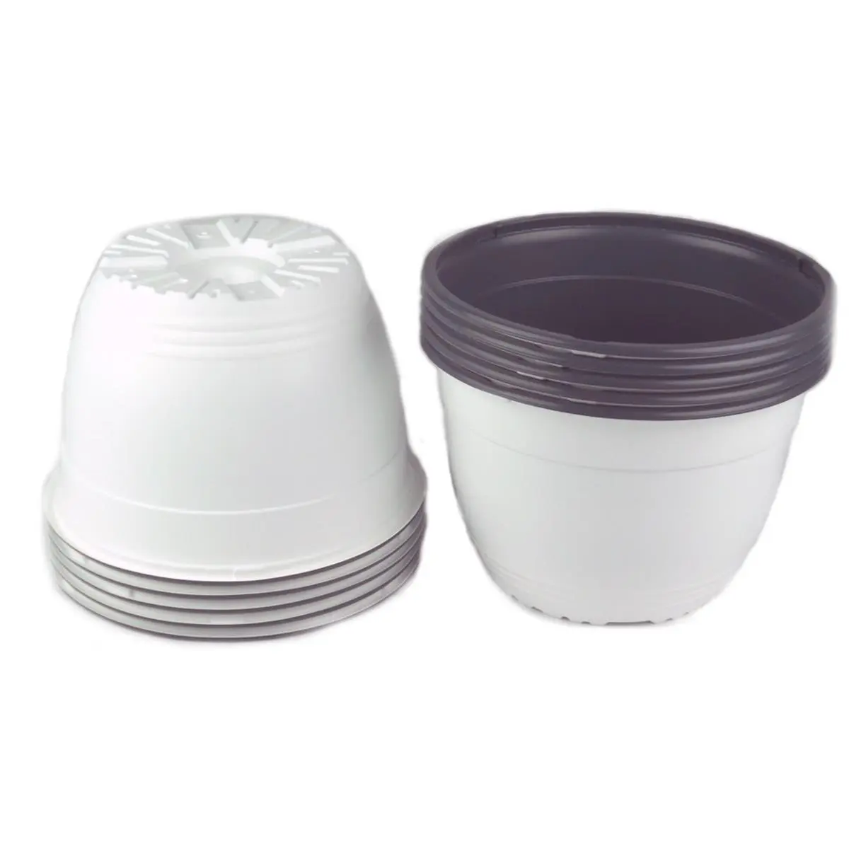 212 MAIN 6 in. Minimalist Weatherproof Plastic Round Face Garden Nursery Pots - White & Gray, Stackable, With Drainage, Indoor/Outdoor Container Gardening Plant Decor, Pack of 10, 4" H X 6" W X 6" L