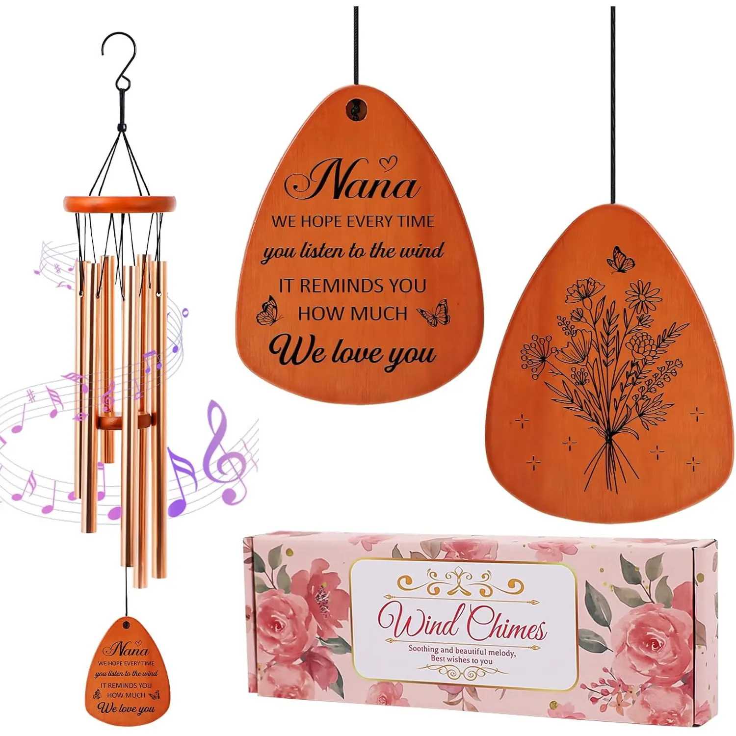 Nana Gifts Wind Chimes for Outside - Wind Chimes with Engraved Wooden Plaque for Grandma, Birthday Mothers Day Memorial Gift for Nana from Grandkids, Garden Porch Hanging Decor with Gift Box