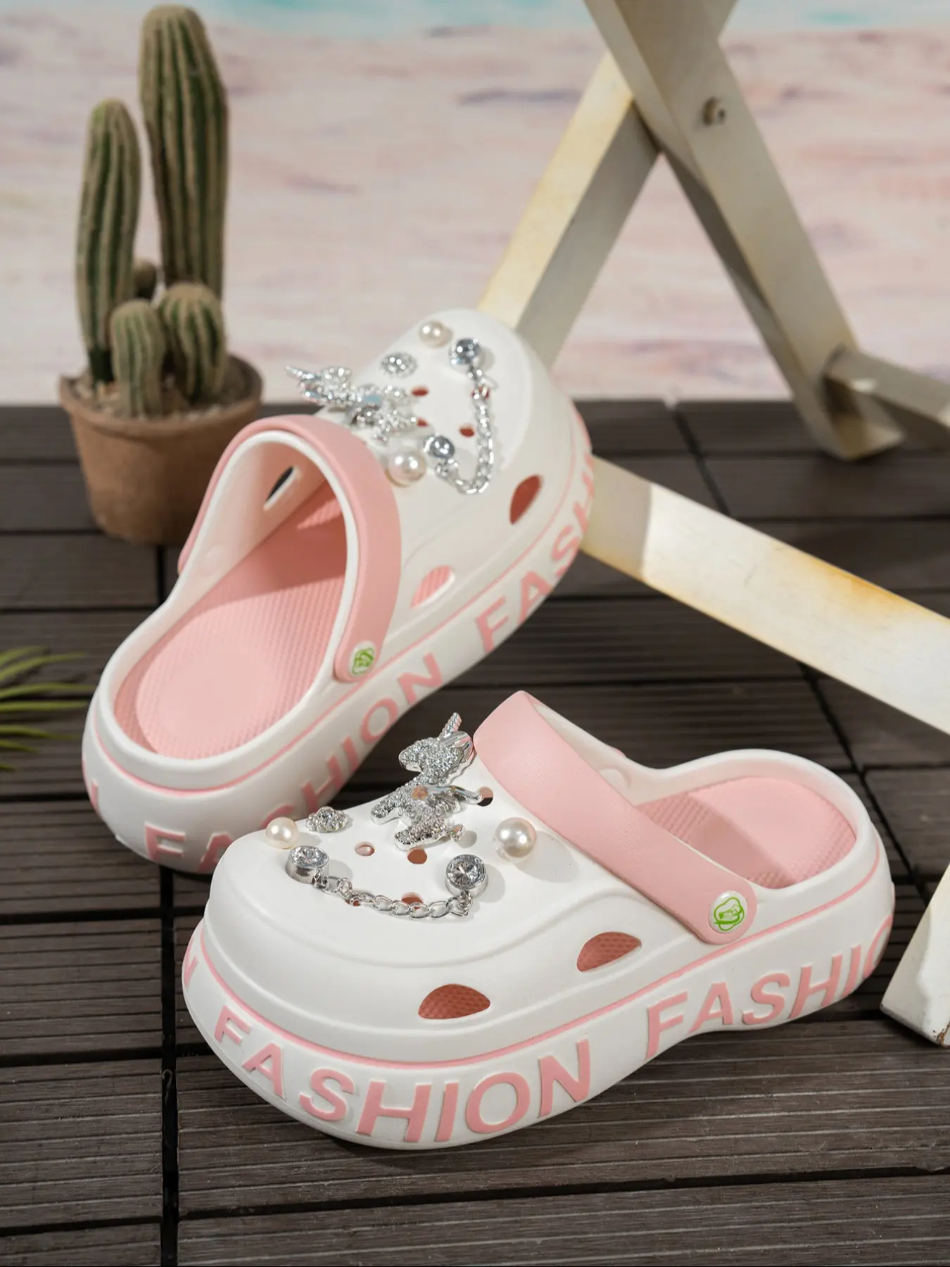 Women's Open Toe Sandals with Chain Rhinestones Pearl Unicorn Letter, Two-In-One Slippers Shoes, Eva Comfortable Thick Sole
