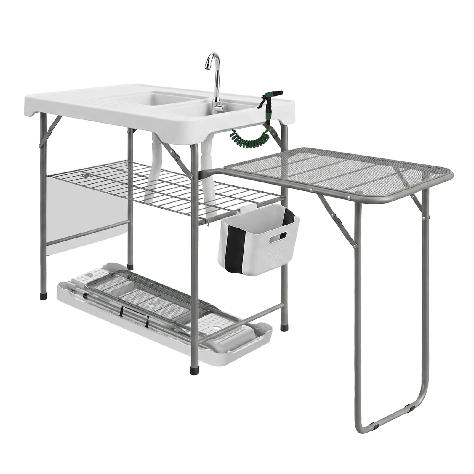 Fish Cleaning Table, Folding Camping Table with Folding Grill Extension Board, Portable Fish Cleaning Station with Dual Sinks, Drainage Hose, Sprayer, Grid Rack for Patio Backyard BBQ