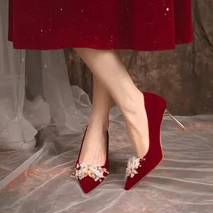 Ladies' High-Heeled Shoes with Rhinestone And Pearl Design, Red Wedding Shoes for Brides And Bridesmaids. Footwear Fashion