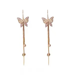 Flash & Finesse Butterfly Long Tassel Earrings for Women - 14K Gold Plated Opal & Crystal Dangle Earrings with S925 Sterling Silver Post, Hypoallergenic Threader Drop Earrings for Wedding Party Daily Wear Festival Gift