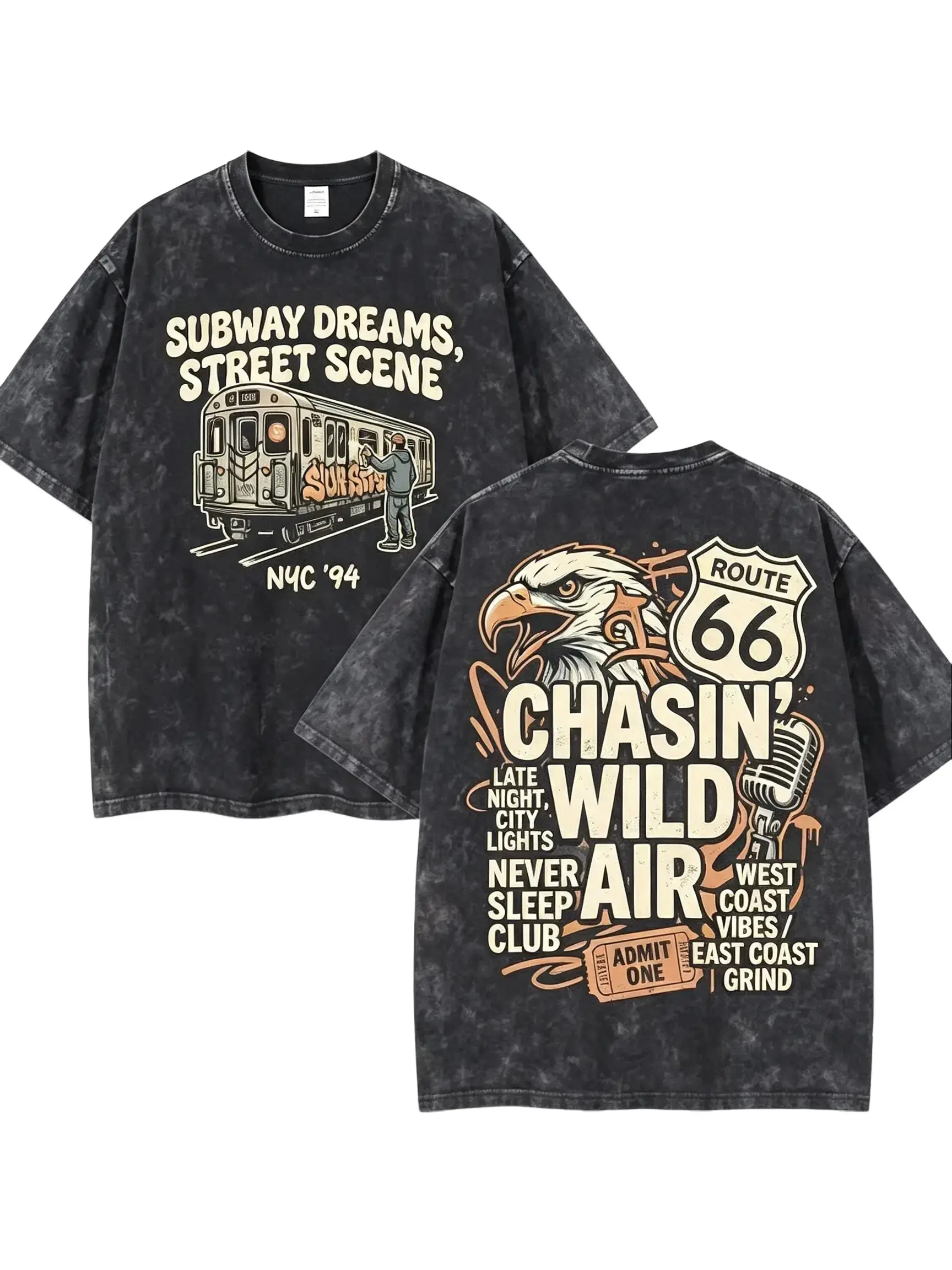Retro NYC Subway Route 66 Eagle Graphic Tee, Vintage Distressed 100% Cotton Regular Fit Crew Neck T Shirt, Front Subway Dreams NYC Art & Back Wild Air Eagle Route 66 Illustration Casual Top
