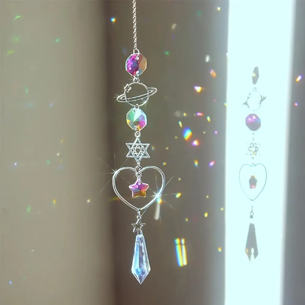 Crystal Moon & Sun Wind Chime with Diamond Prism, Home Garden Decoration Rainbow Catcher Pendant, Water Drop Design, Hanging Decor