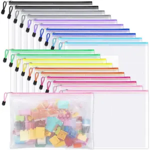 Plastic Translucent Mesh Zipper Pouch Bags (5/10/20 Pack), A4 Letter Size with Label Pocket, Waterproof Home Organizer Storage Bags for Classroom, Teacher School Office Supplies