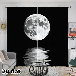 2D Flat 2Pcs Lunar Moon Reflection Blackout Curtains for Living Room, Full Night Water Ripple Window Drapes, Black Thermal Insulated Cosmic Panel Bedroom Balcony Patio Door, Rod Pocket, Easy to Clean Treatment