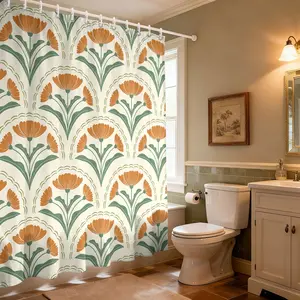 Boho Floral Shower Curtain｜Pink Green Geometric Flower Bathroom Decor, Dry Wet Separation, Wall Mounted with Plastic Hooks