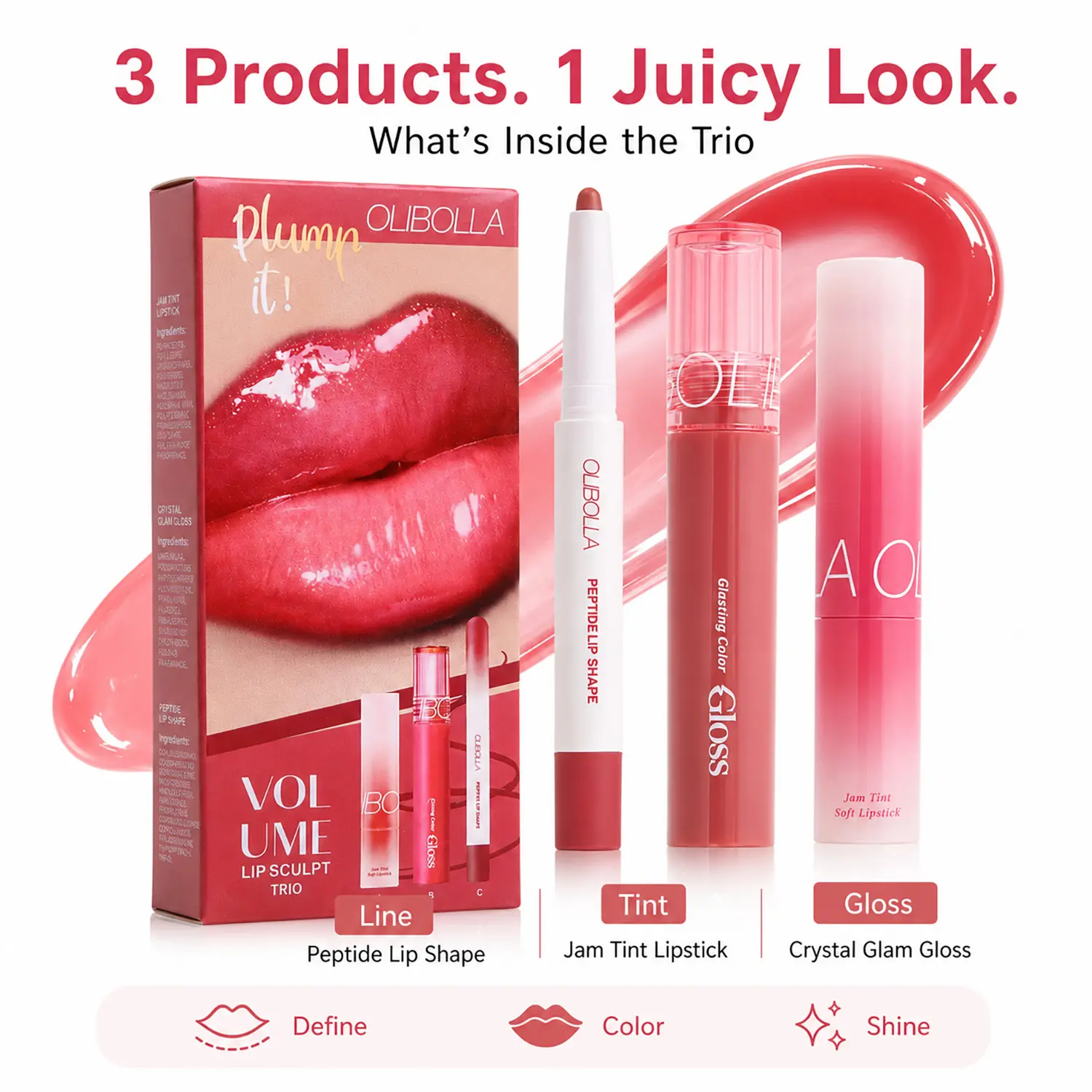 Flawless Lip Trio Cosmetic Set - Lip Liner, Liquid High-Shine Lipgloss & Cream Lipstick for Defined, Glossy, Buildable Coverage Combo Kits