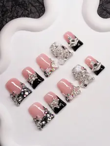 10pcs Duck Nail Tips Y2K French Tip Crystal Star Snake Design Handmade Press-On Set for Party Wear