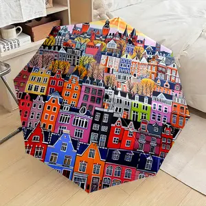 1PC Creative Fashion Folding Umbrella with Urban Style Tree and House Pattern Print - Suitable as a Birthday Gift, Valentine's Day Gift, for Various Holidays, Travel, and Gift Giving