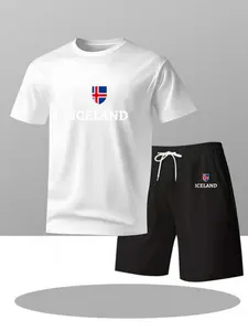 Summer Men's Casual Sporty Two-Piece Set, Comfortable Breathable, Fashionable Streetwear, Iceland Flag Print, Short Sleeve and Shorts