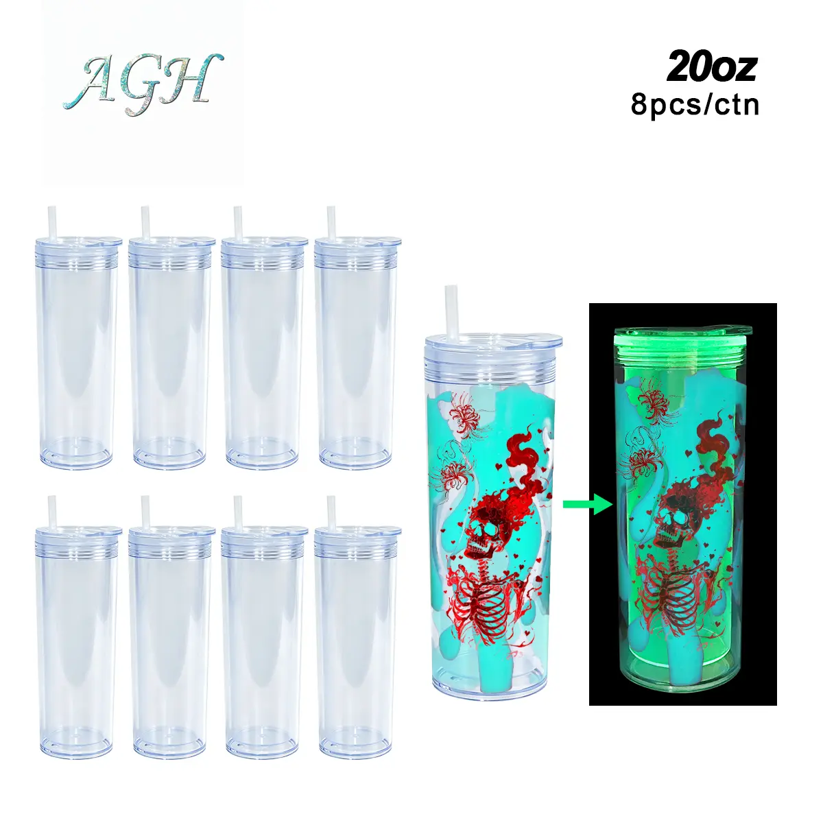 Agh US 8pcs/ctn NEW Collection 20 OZ Glowing Green Plastic Double Wall straight snow globe tumbler with screw lids and straws, with Pre Drilled Hole Plug