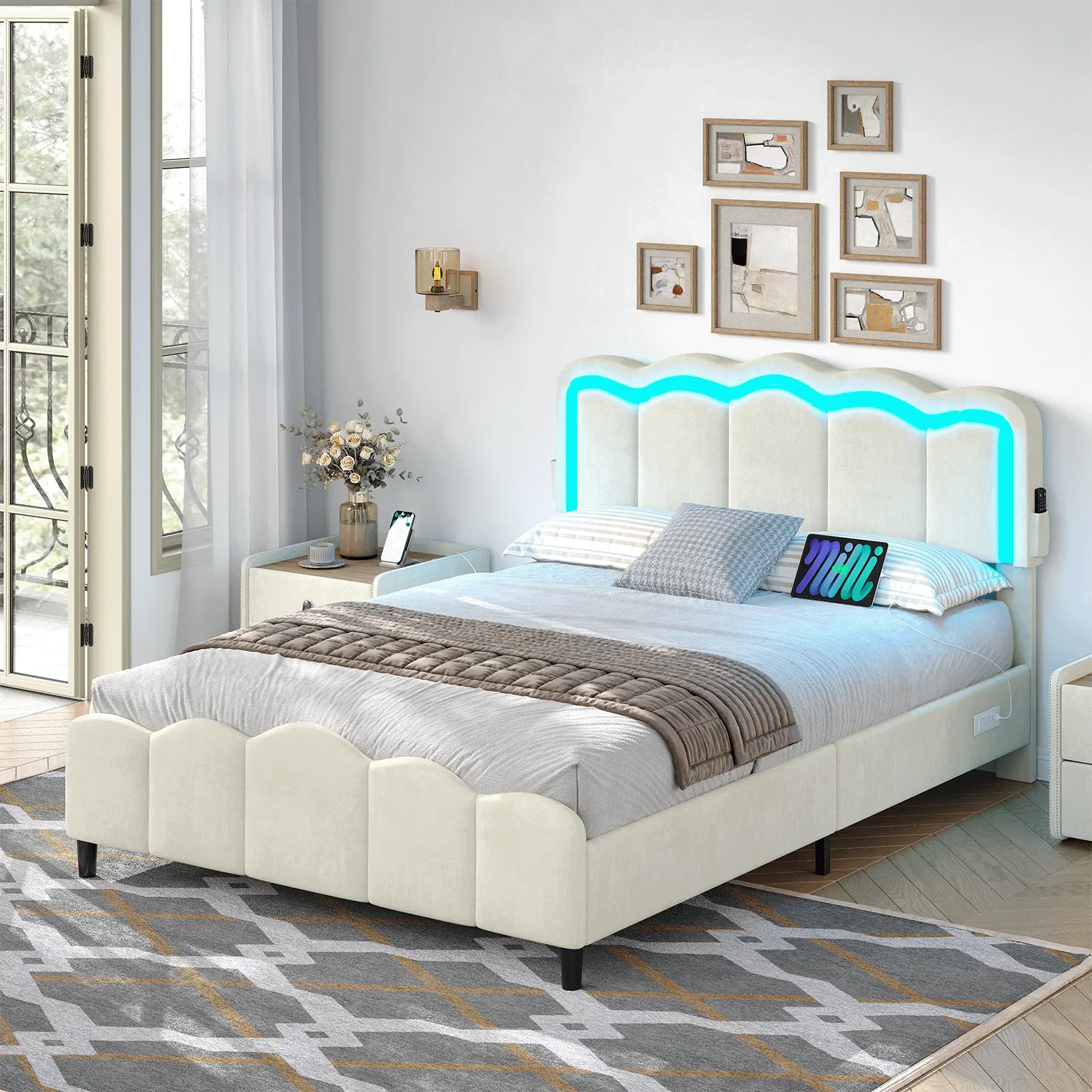 All-inclusive bed frame, featuring adjustable stylish double wavy headboard, velvet platform bed frame, with charging station, LED bed frame, with wooden strips, without box spring, available in pink and white colors