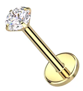 Gold PVD Prong Clear CZ Flat Disk Titanium Threadless Labret