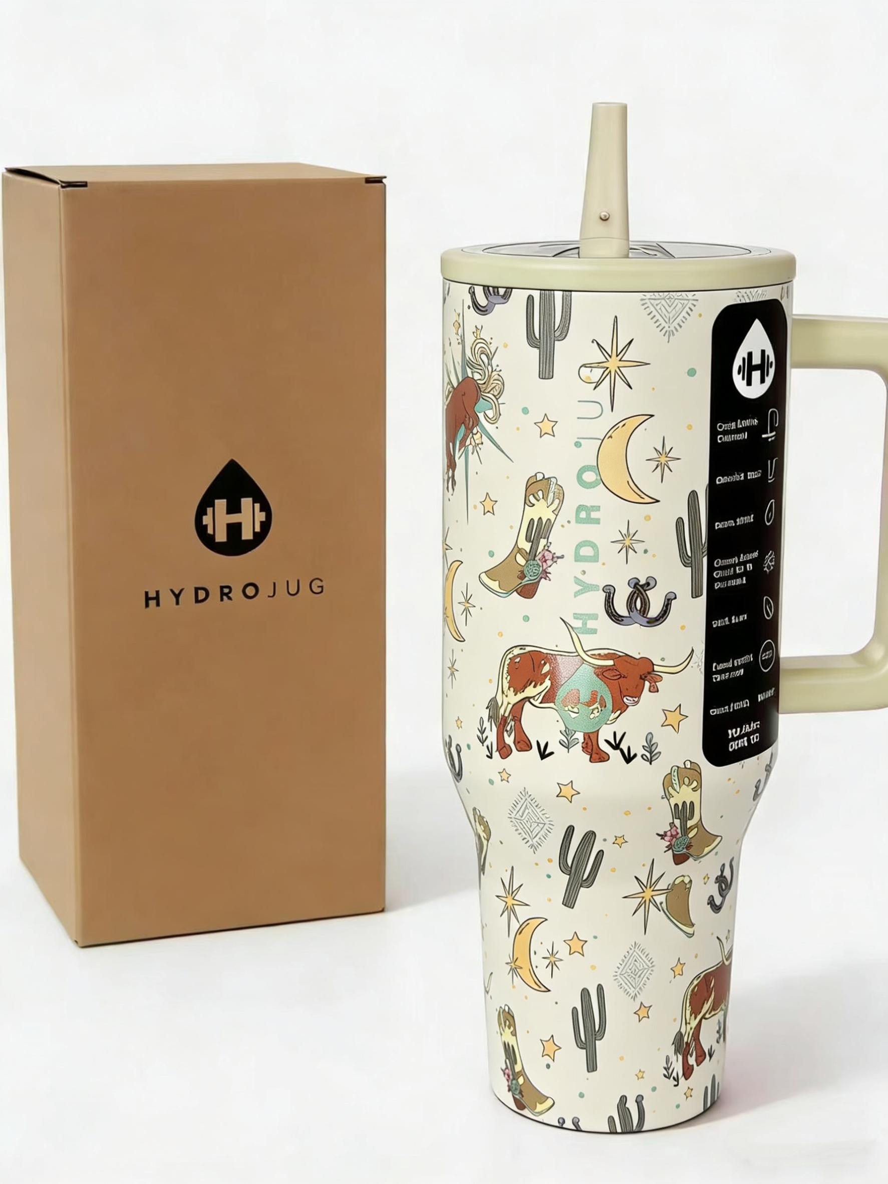 HydroJug 40oz Western Charm Travel Mug Stainless Steel Insulated Tumbler with Cacti Longhorns & Cowboy Motifs Leak-Proof Lid Portable Washable Reusable for Coffee Iced Tea Water Bottles Stylish Drinkware Flasks