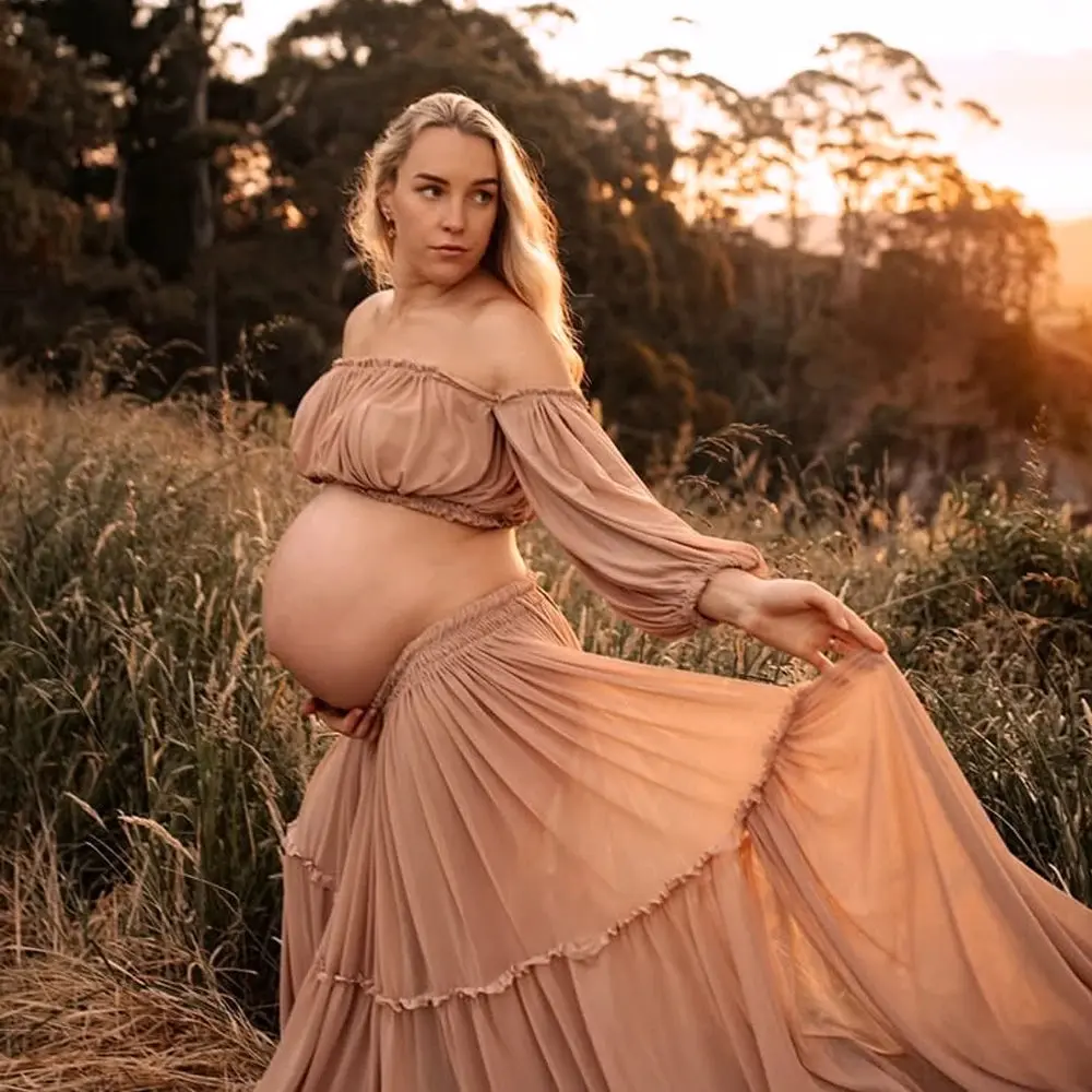 2026 Elegant Chiffon Maternity Dress Set for Baby Shower and Pregnancy Photoshoot