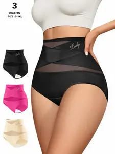 Women's High-Waist Panties,Lucky Letter Logo,Cross-Mesh Panel Underwear,Ultra Soft Comfort Fit Briefs - Womenswear SpringStatements