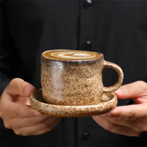 Handmade Speckled Ceramic Coffee Cup & Saucer Set – 180ml Medium Rustic Stoneware Mug, Brown & Beige Pottery Tea Cup, Vintage Pinched Texture, Artisan Gift