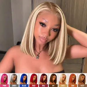 AMZ Short Bob Straight 13x4 HD Transparent Lace Pink & P4/27 & Grey & 613 & 99J & RED & 350 & Blue 100% Human Hair Wig Fashion Look Colored Wig Summer Style For Women Glueless Hd Wigs Glueless Frontal Wig