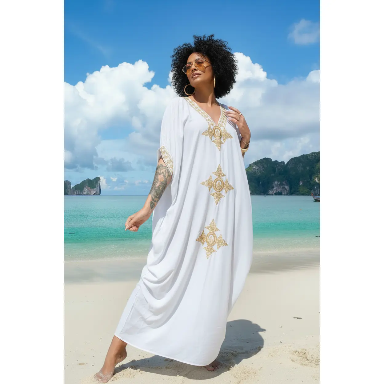 White Gold Embroidered Kaftan Dress Beach Cover Up