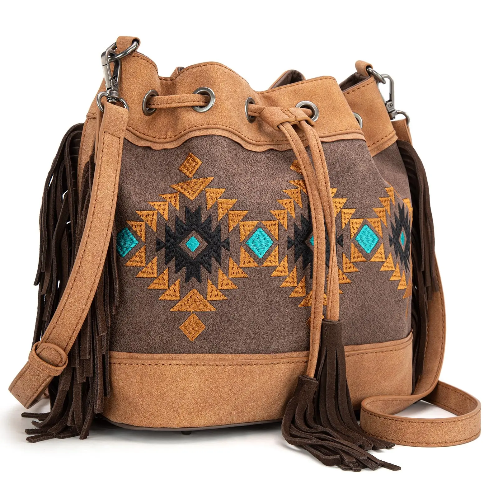 Boho Western Aztec Bucket Bag Fringe Backpack Crossbody Cinched Brown Boho Cowgirl Bucket Bag - STS Ranchwear main image 4